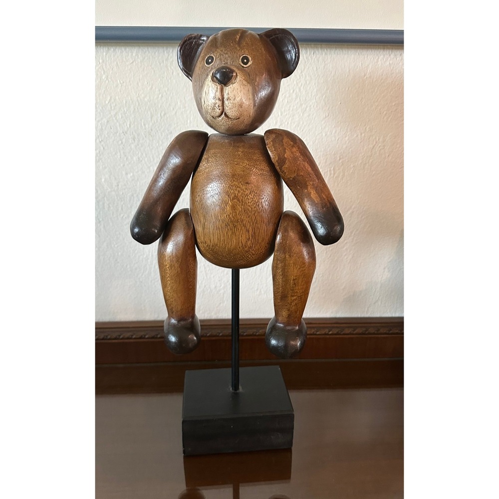 17'' Hand Carved Articulated Wooden Teddy Bear Figurine on Metal Display Stand